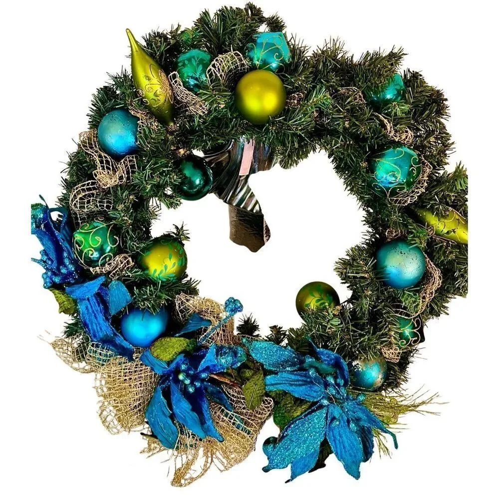 Teal, Lime, Green Bauble Wreath: Azure Poinsettias, Holiday Front Door Decor